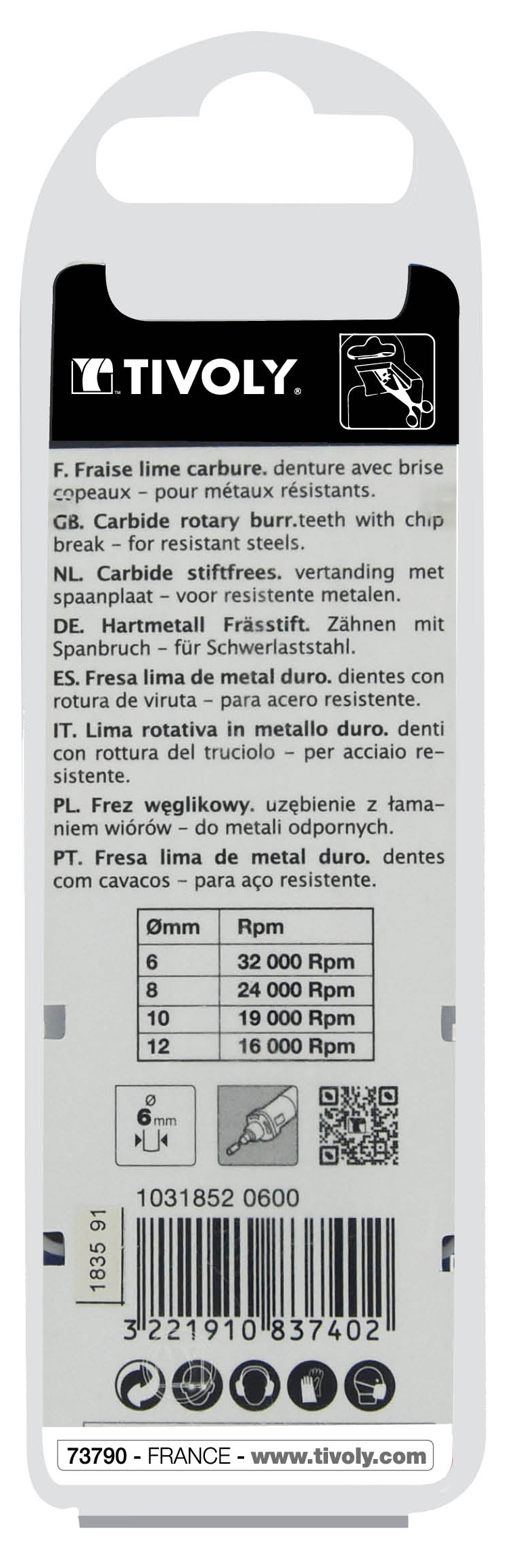 Fraise lime carbure Sphérique Denture normale brise copeaux Forme D # / Ø: 6 / d2: 6 / L: 50 TIVOLY - 10318520600