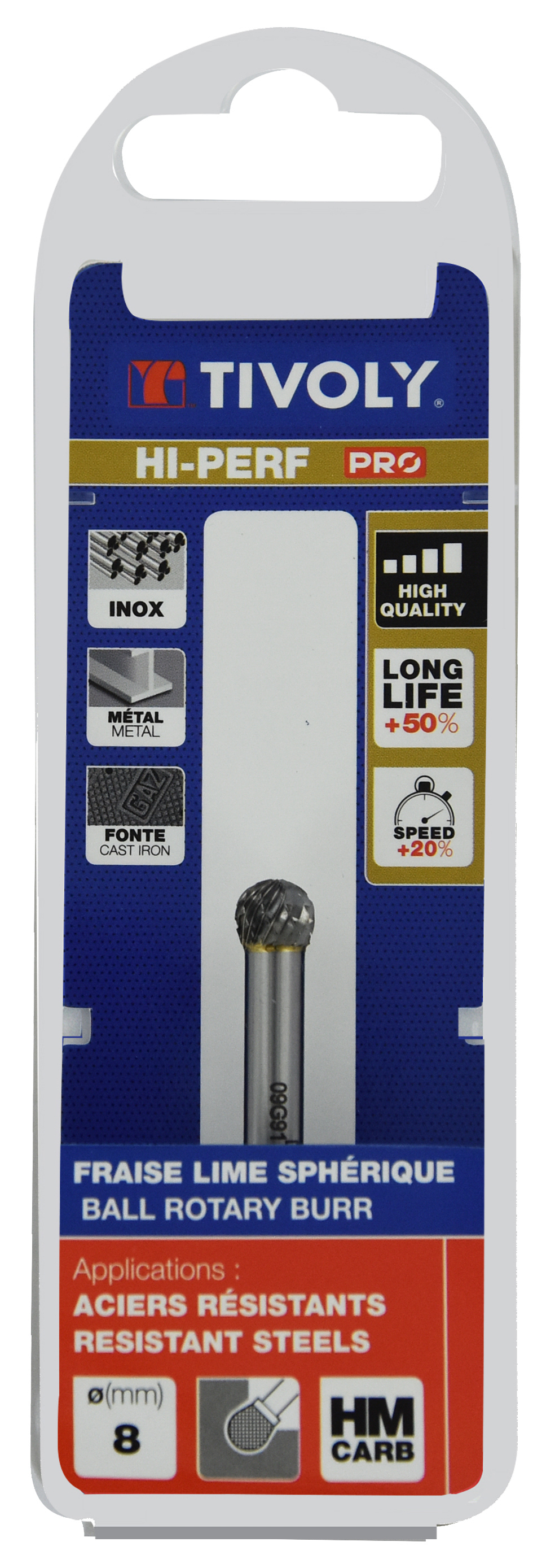 Fraise lime carbure Sphérique Denture normale brise copeaux Forme D # / Ø: 8 / d2: 6 / L: 63 TIVOLY - 10318520800