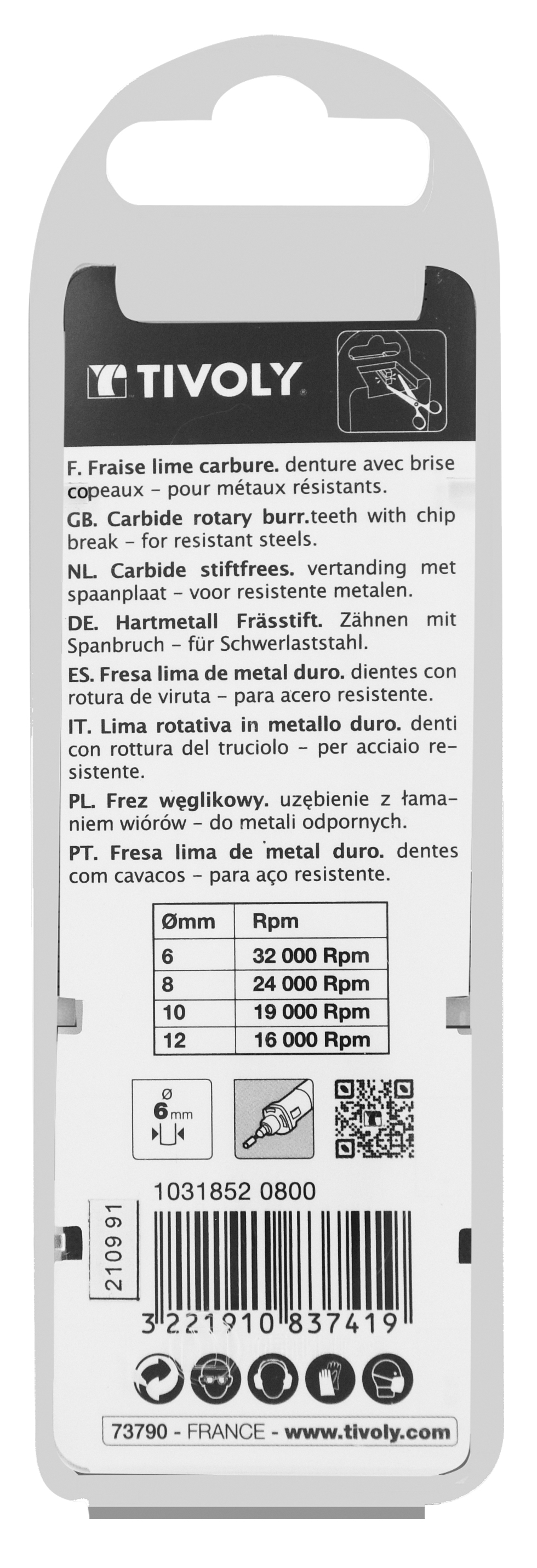 Fraise lime carbure Sphérique Denture normale brise copeaux Forme D # / Ø: 8 / d2: 6 / L: 63 TIVOLY - 10318520800