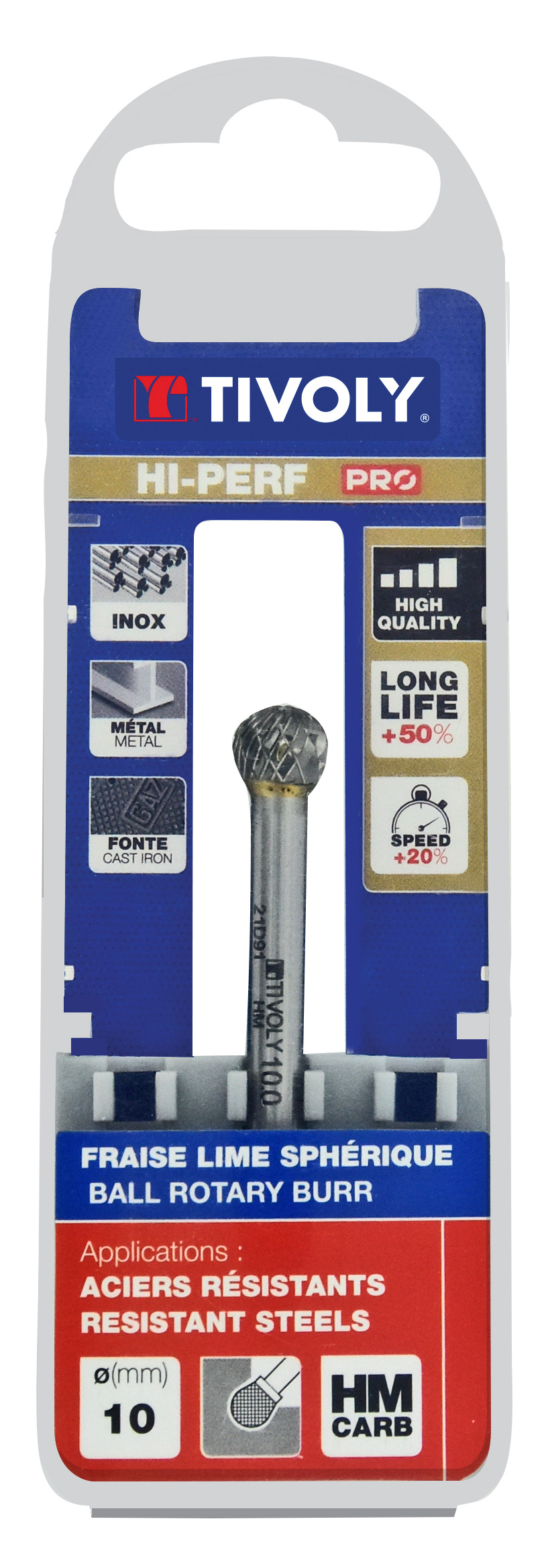Fraise lime carbure Sphérique Denture normale brise copeaux Forme D # / Ø: 10 / d2: 6 / L: 70 TIVOLY - 10318521000