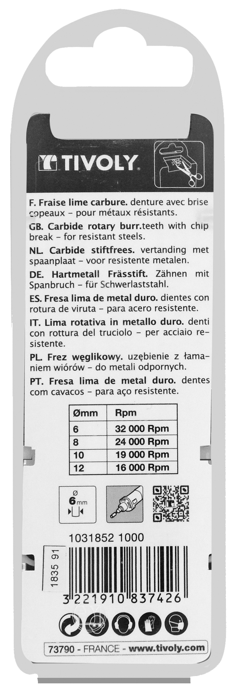 Fraise lime carbure Sphérique Denture normale brise copeaux Forme D # / Ø: 10 / d2: 6 / L: 70 TIVOLY - 10318521000