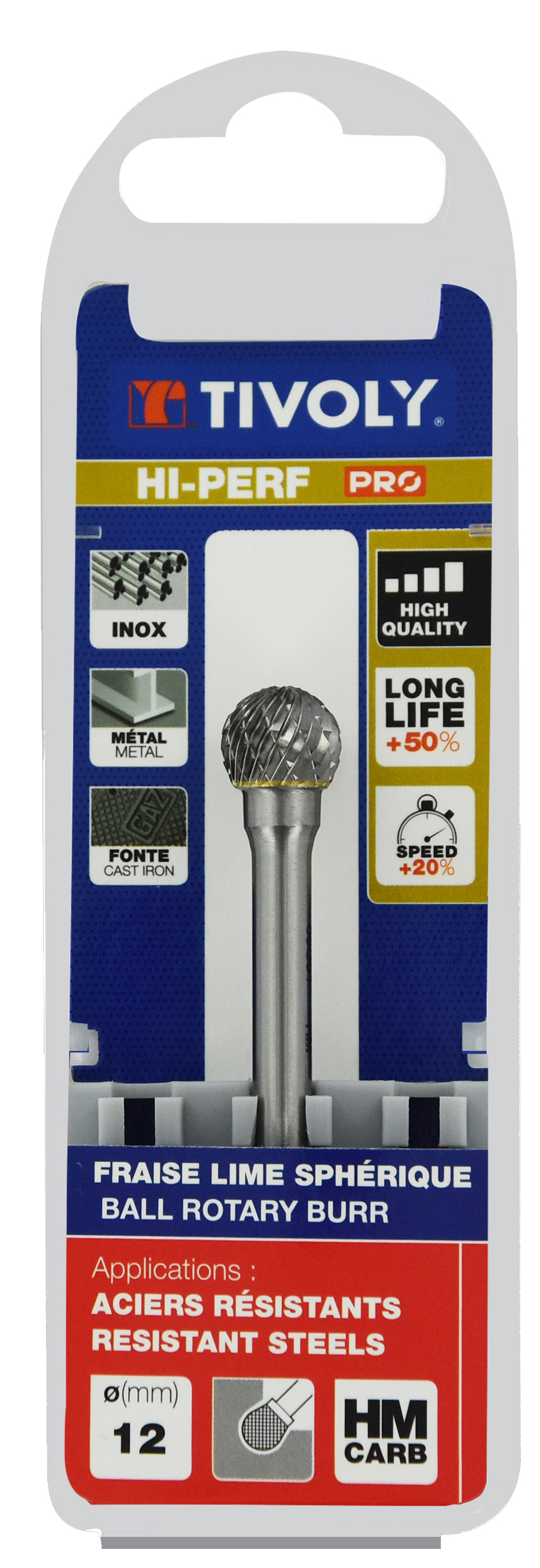 Fraise lime carbure Sphérique Denture normale brise copeaux Forme D # / Ø: 12 / d2: 6 / L: 75 TIVOLY - 10318521200