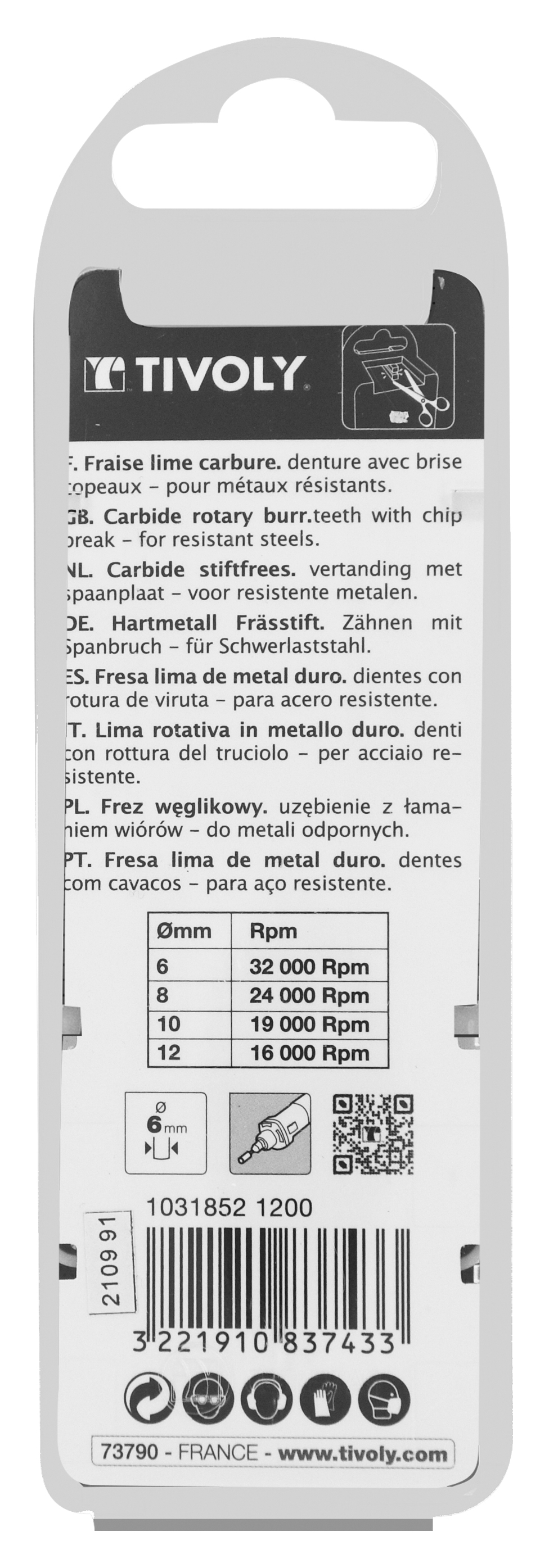 Fraise lime carbure Sphérique Denture normale brise copeaux Forme D # / Ø: 12 / d2: 6 / L: 75 TIVOLY - 10318521200