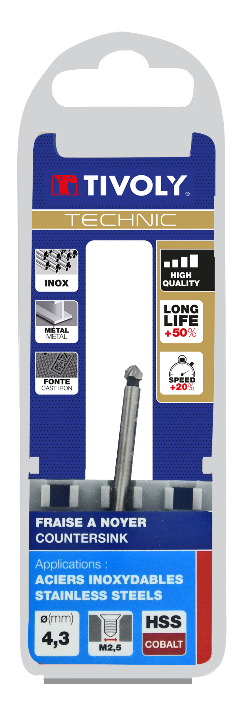 Fraise à noyer 90° HSS-E5 -DIN 335C -Queue cylindrique / Ø: 4.3 / L: 40 TIVOLY - 10331620430