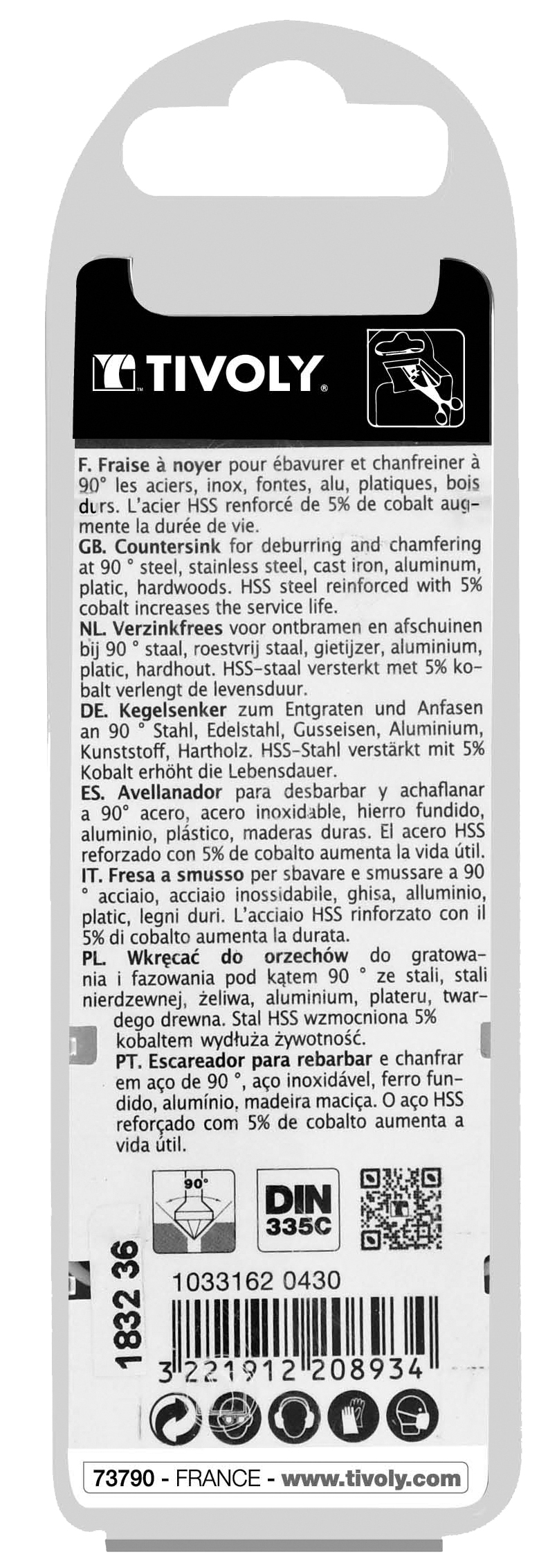 Fraise à noyer 90° HSS-E5 -DIN 335C -Queue cylindrique / Ø: 4.3 / L: 40 TIVOLY - 10331620430