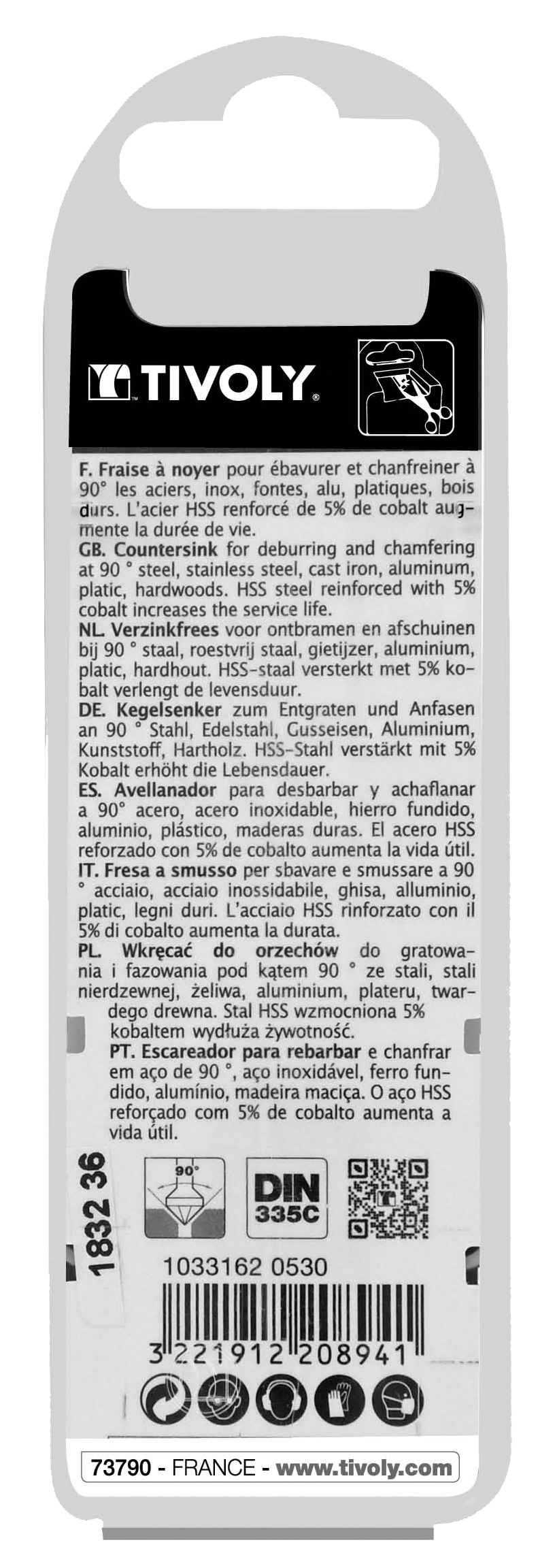 Fraise à noyer 90° HSS-E5 -DIN 335C -Queue cylindrique / Ø: 5.3 / L: 40 TIVOLY - 10331620530