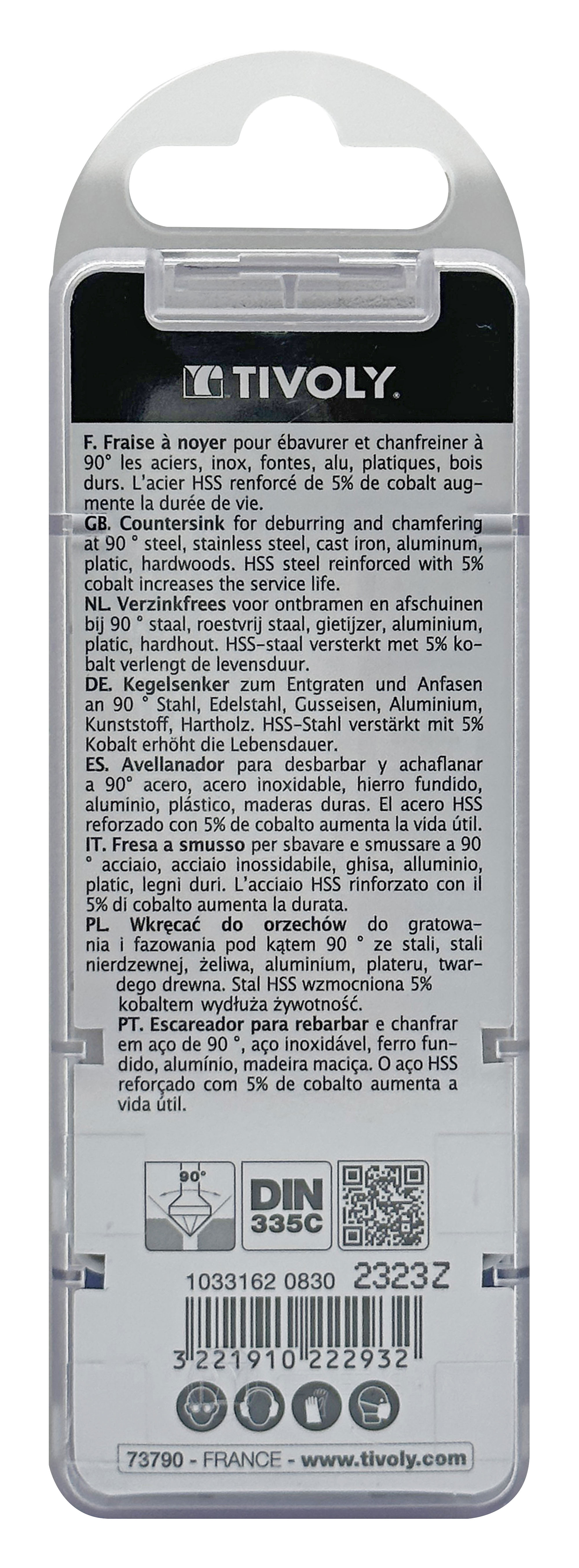 Fraise à noyer 90° HSS-E5 -DIN 335C -Queue cylindrique / Ø: 8.3 / L: 50 TIVOLY - 10331620830