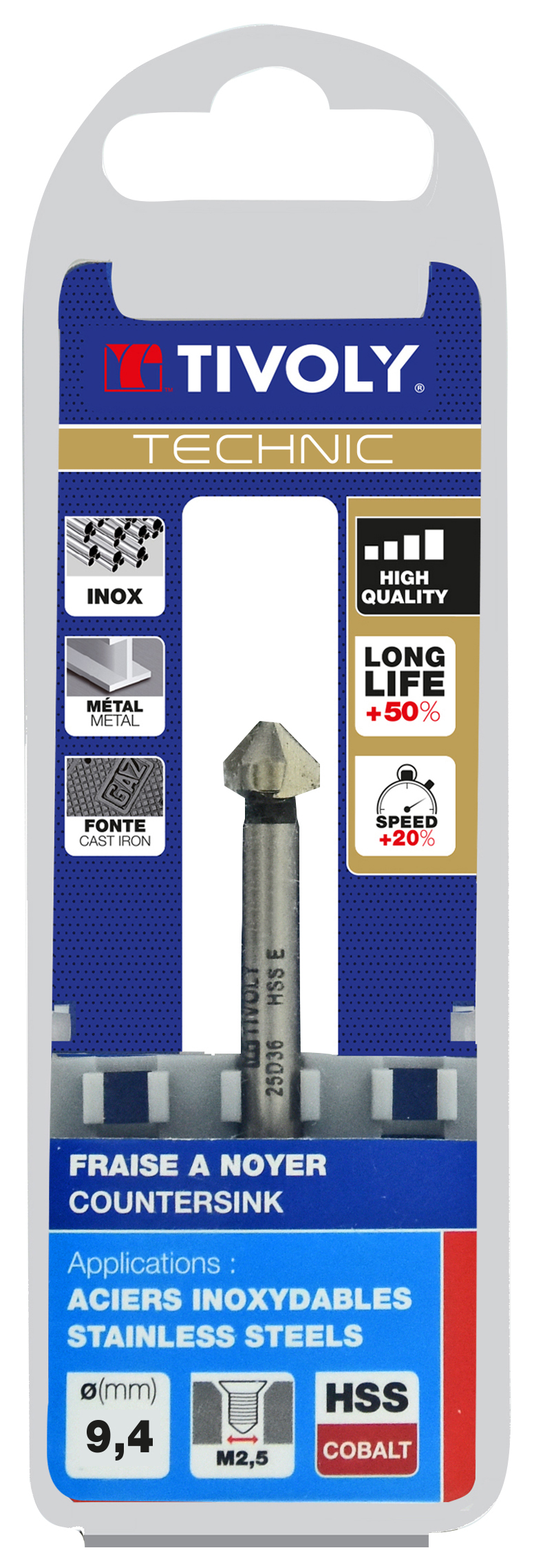 Fraise à noyer 90° HSS-E5 -DIN 335C -Queue cylindrique / Ø: 9.4 / L: 50 TIVOLY - 10331620940
