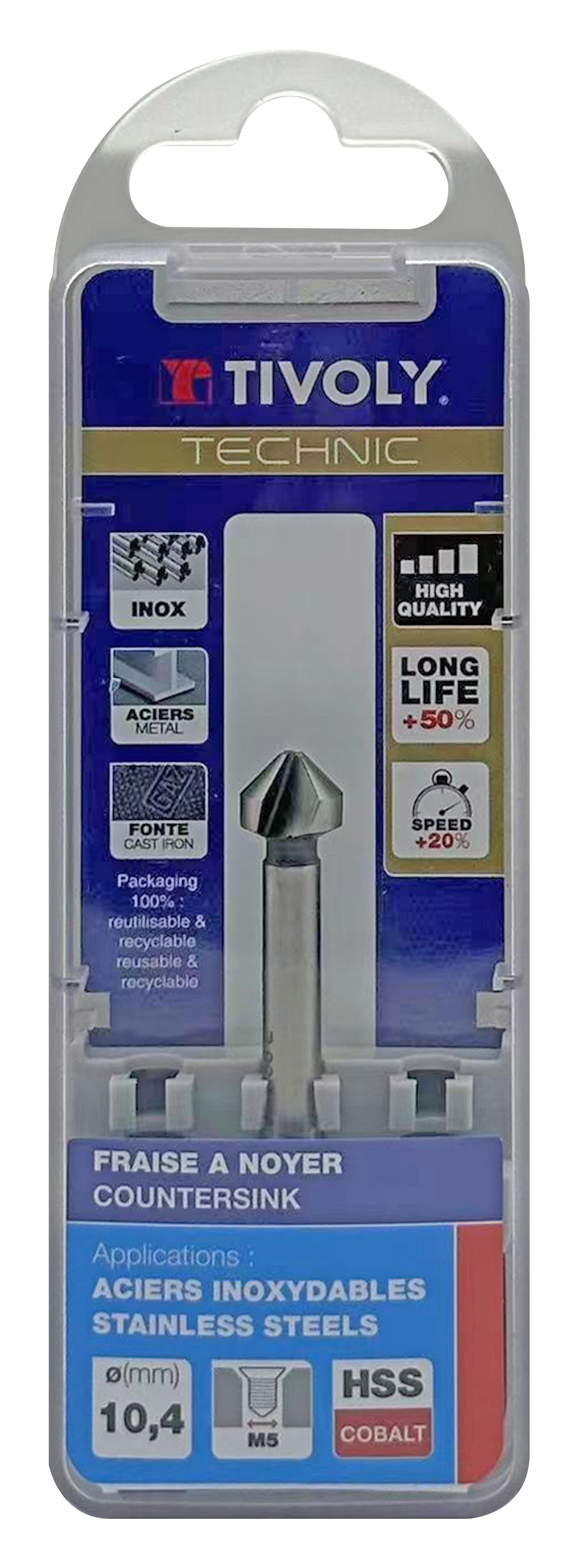 Fraise à noyer 90° HSS-E5 -DIN 335C -Queue cylindrique / Ø: 10.4 / L: 50 TIVOLY - 10331621040