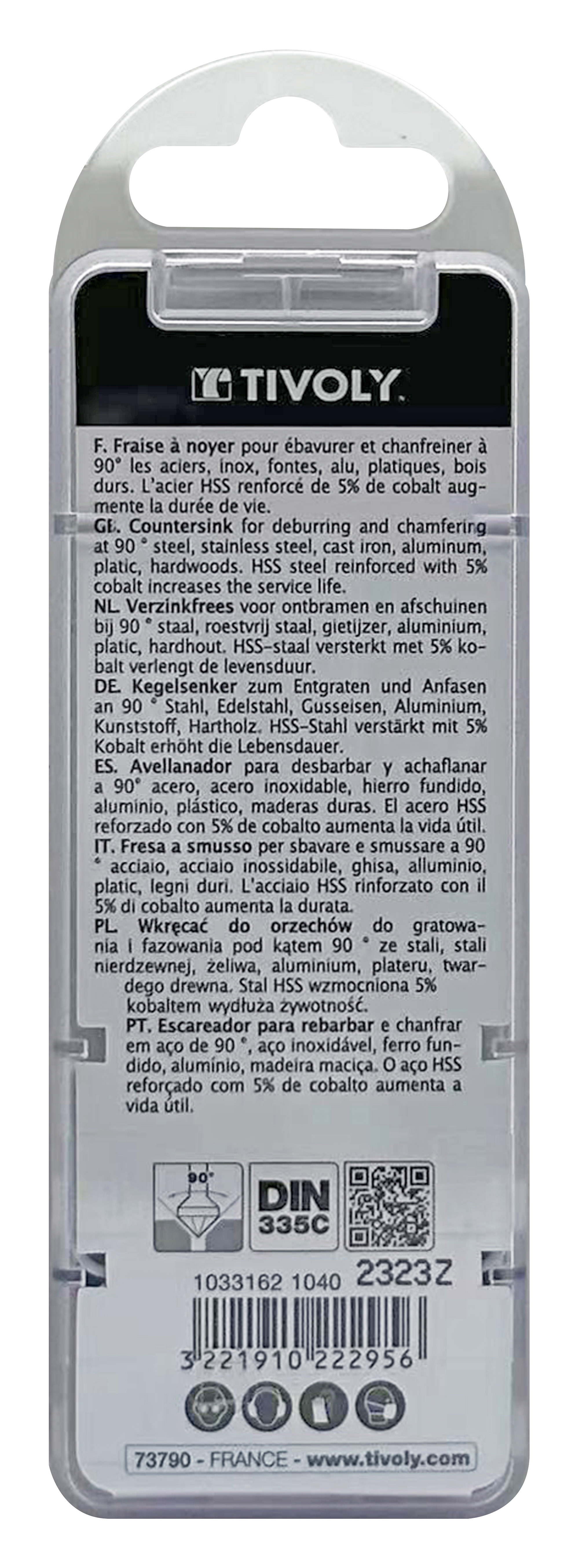 Fraise à noyer 90° HSS-E5 -DIN 335C -Queue cylindrique / Ø: 10.4 / L: 50 TIVOLY - 10331621040