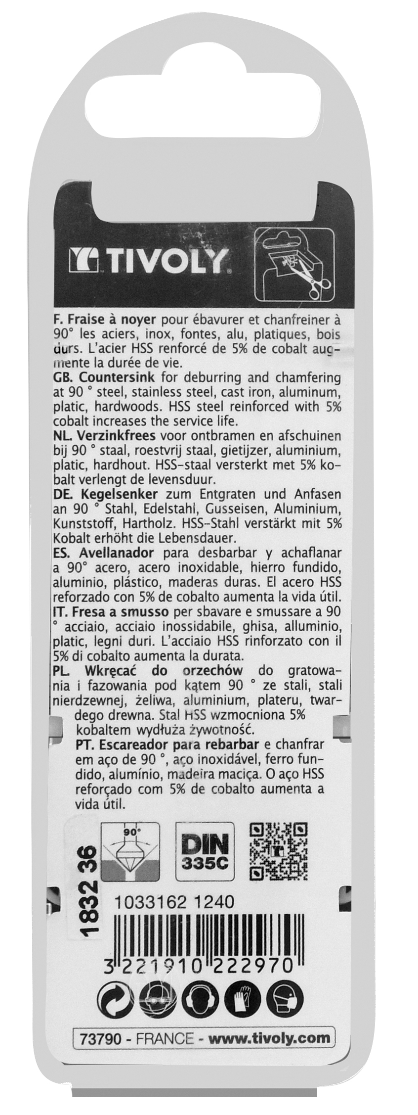 Fraise à noyer 90° HSS-E5 -DIN 335C -Queue cylindrique / Ø: 12.4 / L: 56 TIVOLY - 10331621240