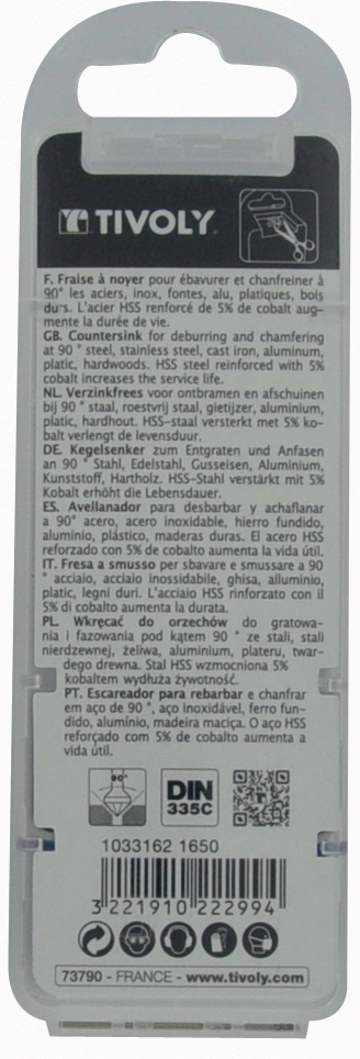 Fraise à noyer 90° HSS-E5 -DIN 335C -Queue cylindrique / Ø: 13.4 / L: 56 TIVOLY - 10331621340