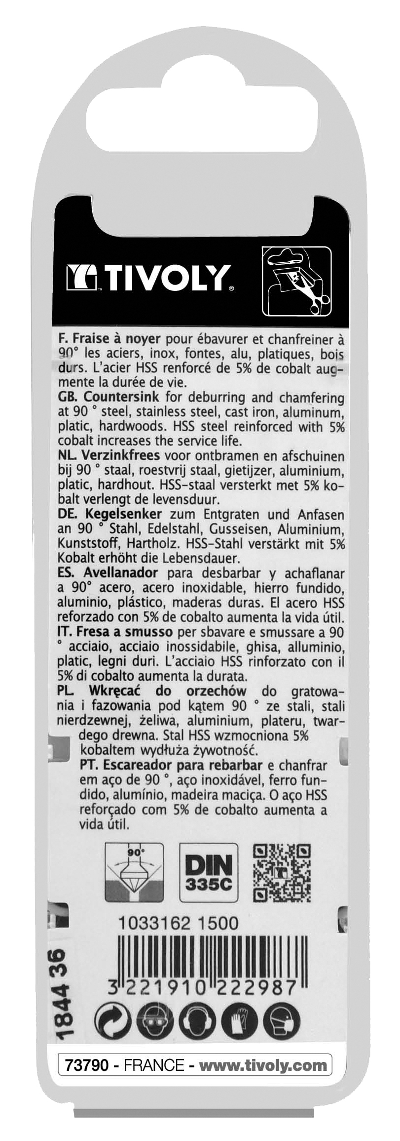 Fraise à noyer 90° HSS-E5 -DIN 335C -Queue cylindrique / Ø: 15 / L: 60 TIVOLY - 10331621500