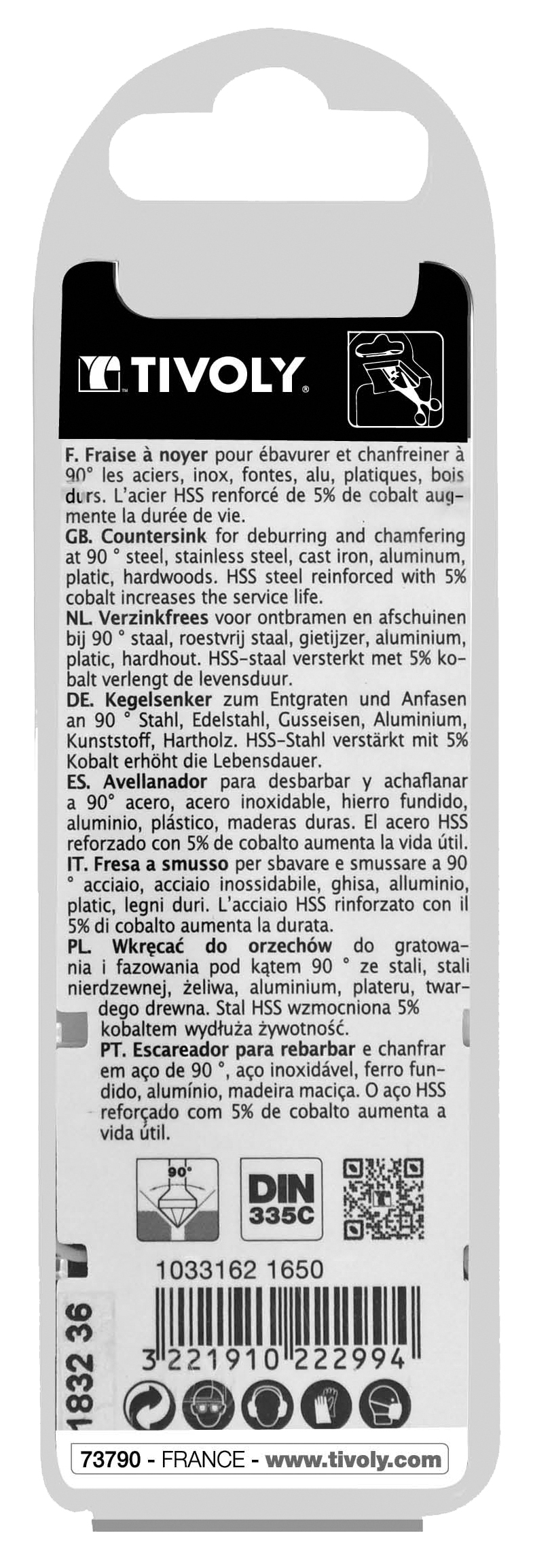 Fraise à noyer 90° HSS-E5 -DIN 335C -Queue cylindrique / Ø: 16.5 / L: 60 TIVOLY - 10331621650