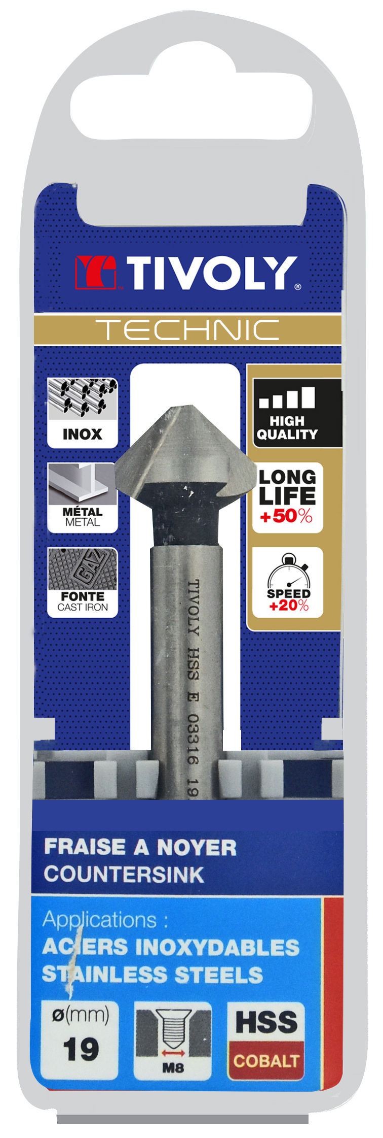 Fraise à noyer 90° HSS-E5 -DIN 335C -Queue cylindrique / Ø: 19 / L: 63 TIVOLY - 10331621900