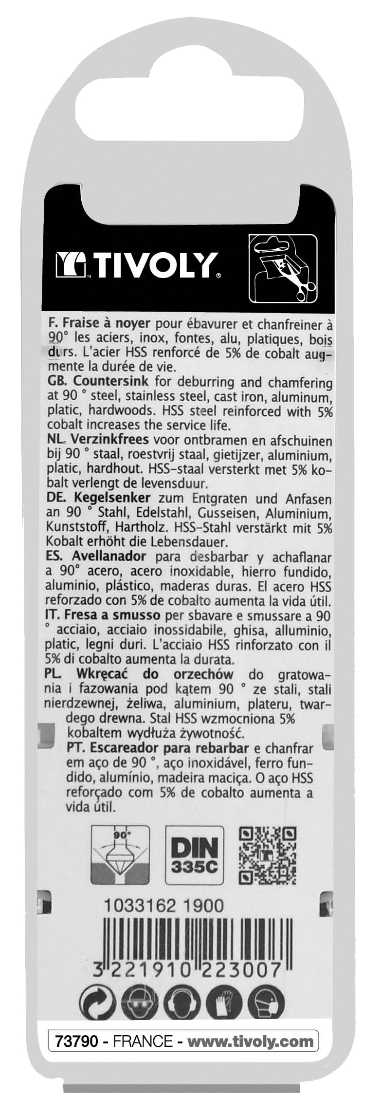 Fraise à noyer 90° HSS-E5 -DIN 335C -Queue cylindrique / Ø: 19 / L: 63 TIVOLY - 10331621900