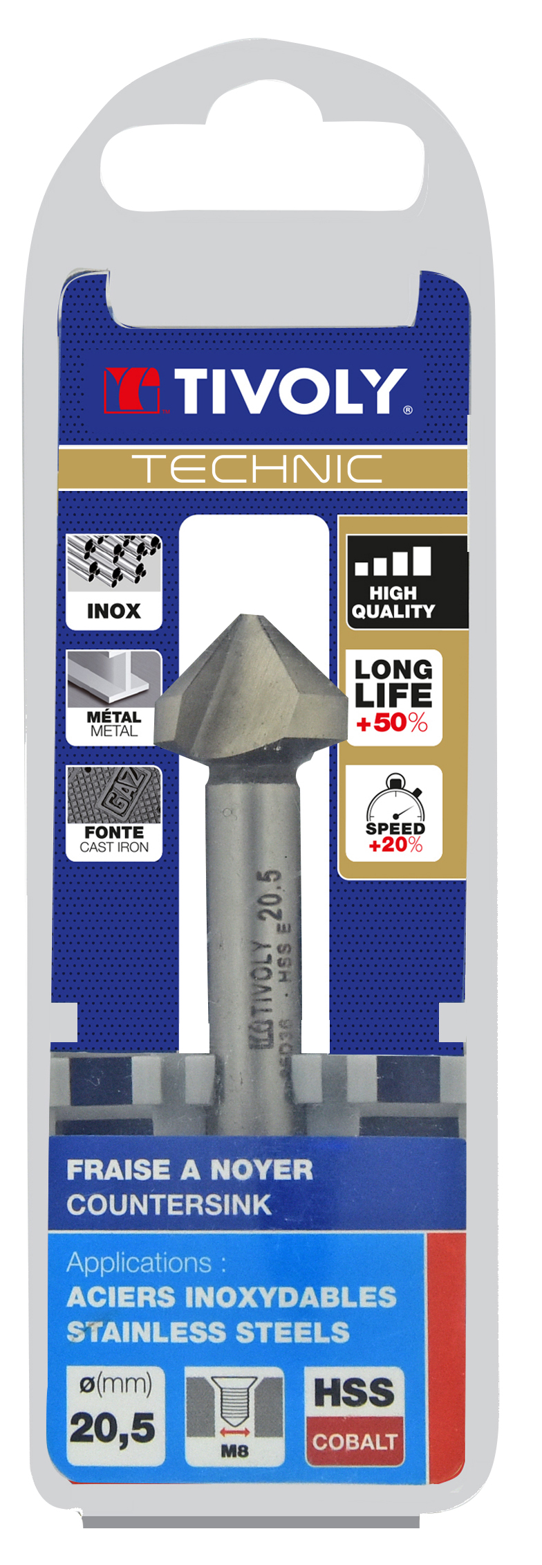 Fraise à noyer 90° HSS-E5 -DIN 335C -Queue cylindrique / Ø: 20.5 / L: 63 TIVOLY - 10331622050