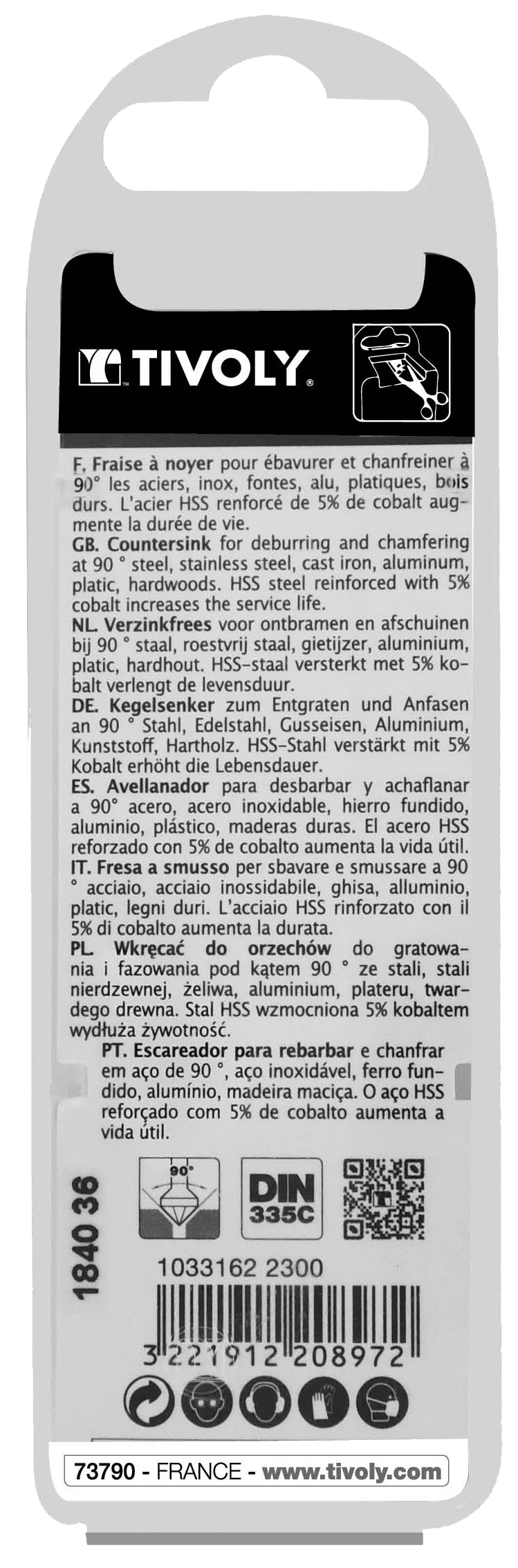 Fraise à noyer 90° HSS-E5 -DIN 335C -Queue cylindrique / Ø: 23 / L: 57 TIVOLY - 10331622300