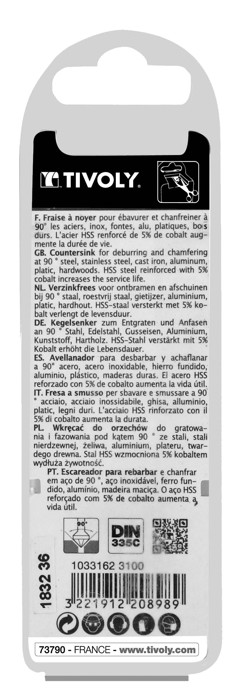Fraise à noyer 90° HSS-E5 -DIN 335C -Queue cylindrique / Ø: 31 / L: 71 TIVOLY - 10331623100