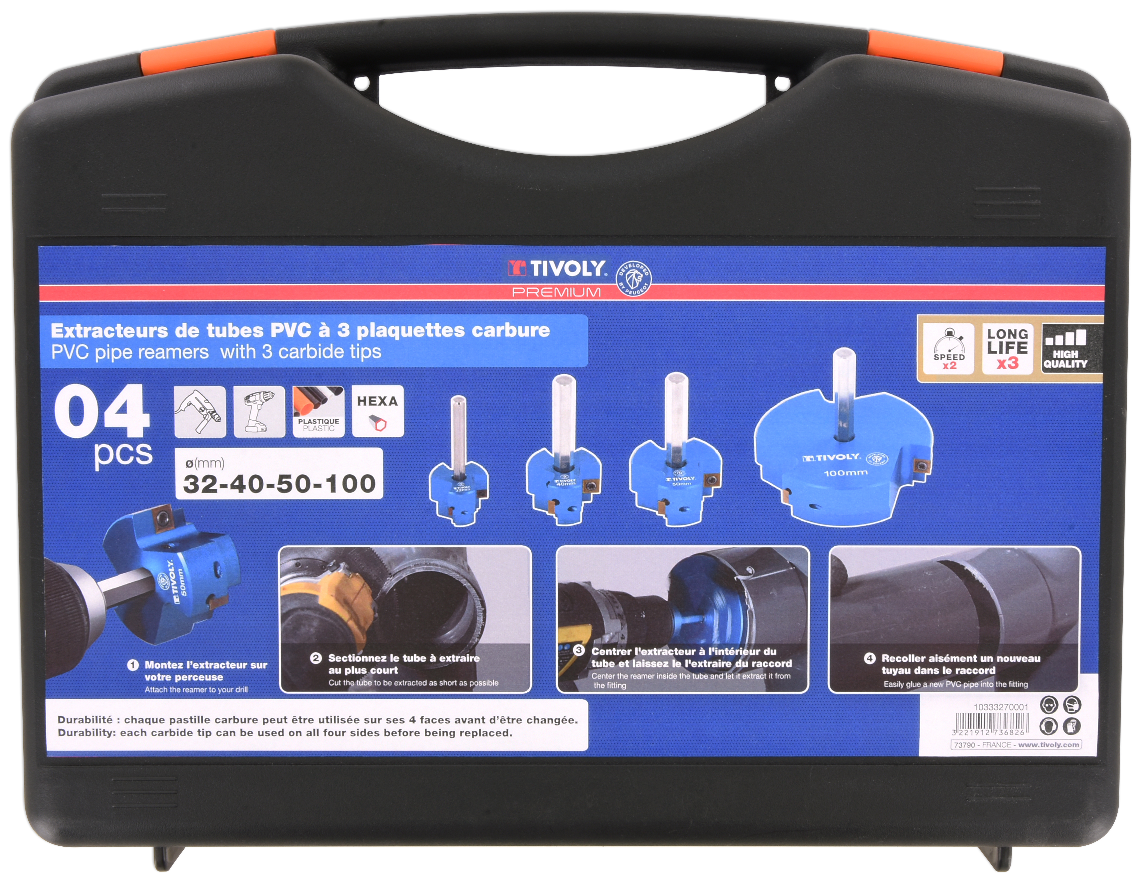 Coffret TIVOLY 4 fraises carbure Ø 32, 40, 50, 100 mm extracteurs de tube PVC 10333270001