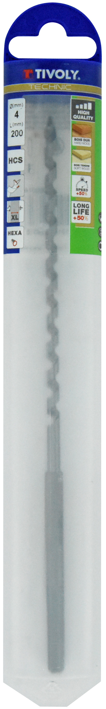 Foret bois spirale unique - Queue hexagonale (Etui plastique) / L: 200 Ø: 4 TIVOLY - 10800140400