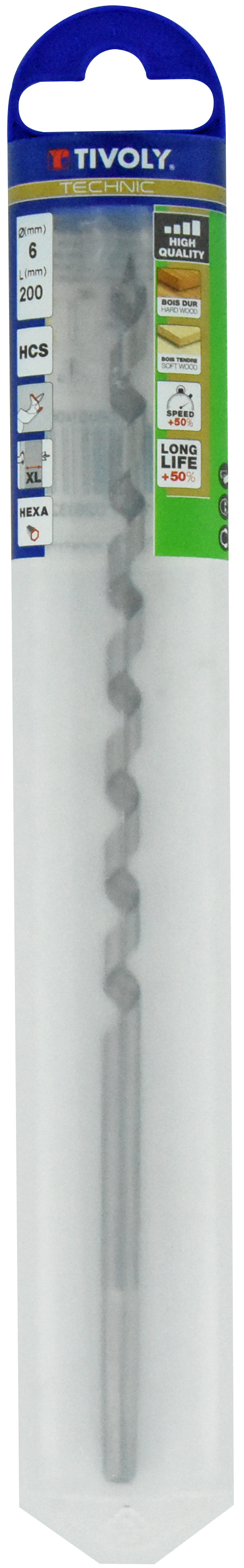 Foret bois spirale unique - Queue hexagonale (Etui plastique) / L: 200 Ø: 6 TIVOLY - 10800140600