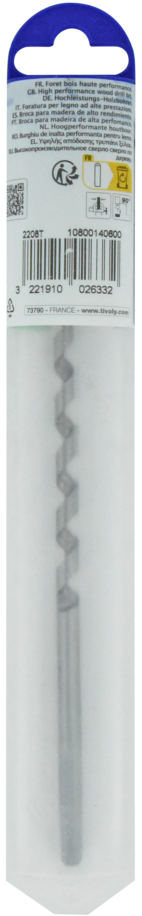 Foret bois spirale unique - Queue hexagonale (Etui plastique) / L: 200 Ø: 6 TIVOLY - 10800140600