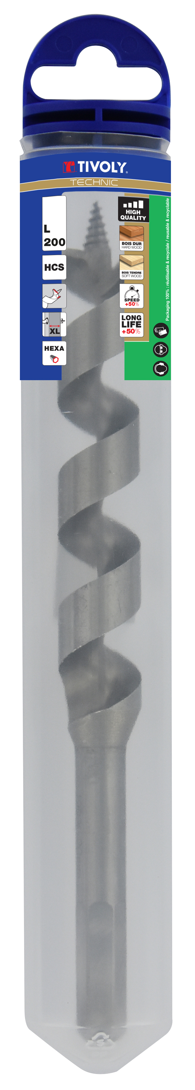 Foret bois spirale unique - Queue hexagonale (Etui plastique) / L: 200 Ø: 7 TIVOLY - 10800140700