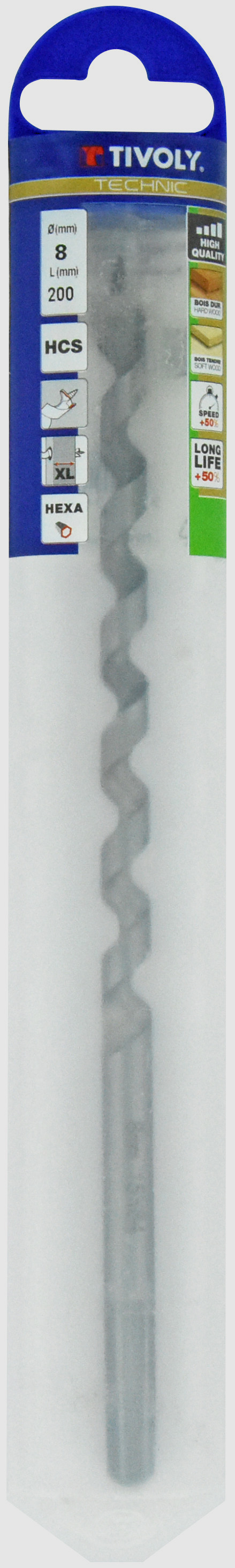 Foret bois spirale unique - Queue hexagonale (Etui plastique) / L: 200 Ø: 8 TIVOLY - 10800140800