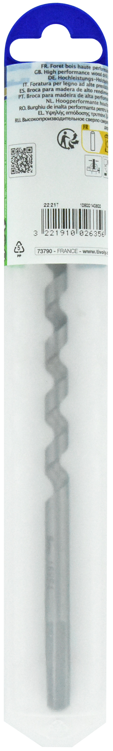 Foret bois spirale unique - Queue hexagonale (Etui plastique) / L: 200 Ø: 8 TIVOLY - 10800140800