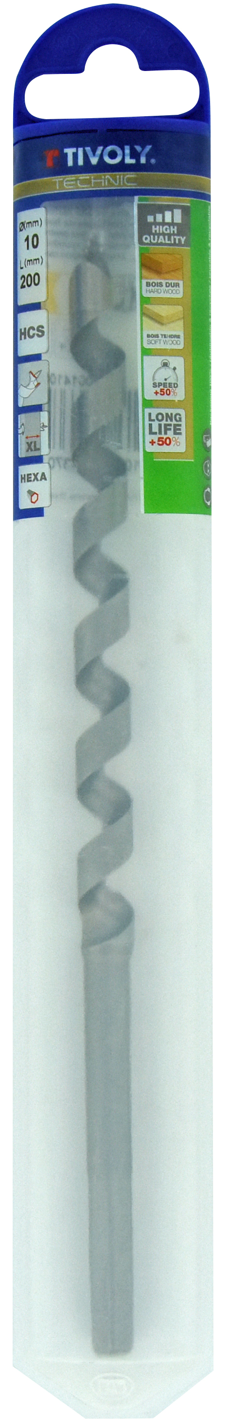 Foret bois spirale unique - Queue hexagonale (Etui plastique) / L: 200 Ø: 10 TIVOLY - 10800141000