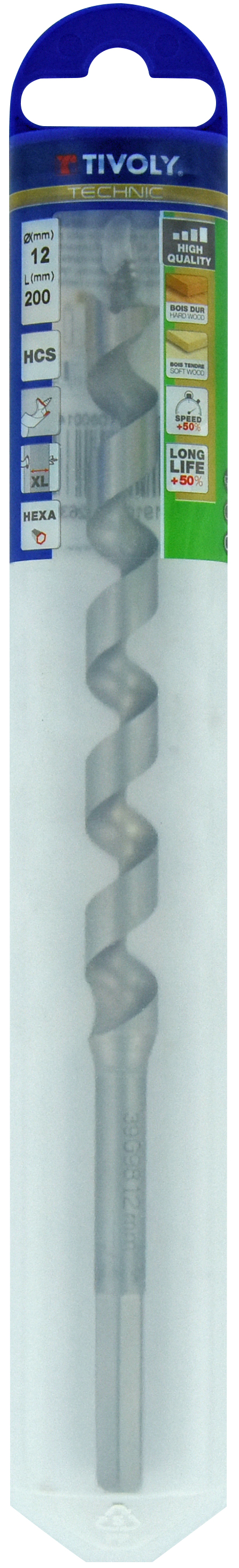 Foret bois spirale unique - Queue hexagonale (Etui plastique) / L: 200 Ø: 12 TIVOLY - 10800141200