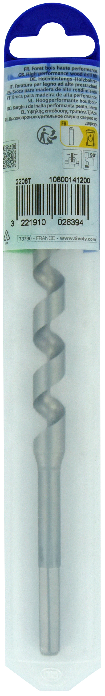 Foret bois spirale unique - Queue hexagonale (Etui plastique) / L: 200 Ø: 12 TIVOLY - 10800141200