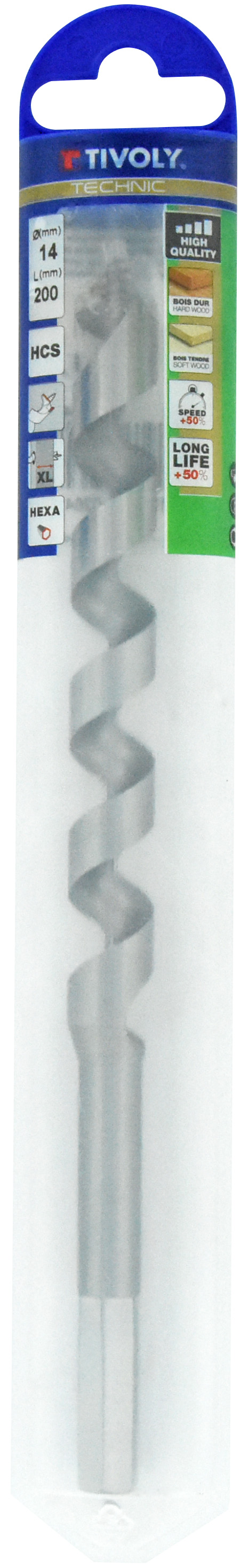 Foret bois spirale unique - Queue hexagonale (Etui plastique) / L: 200 Ø: 14 TIVOLY - 10800141400