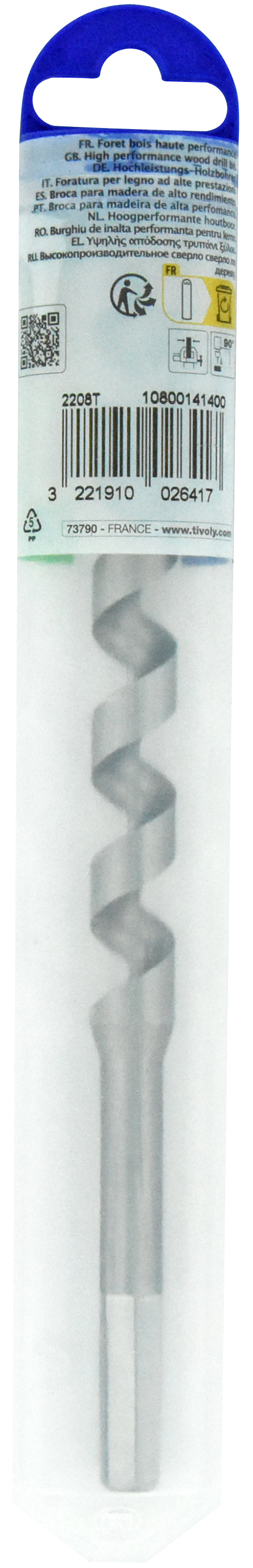 Foret bois spirale unique - Queue hexagonale (Etui plastique) / L: 200 Ø: 14 TIVOLY - 10800141400