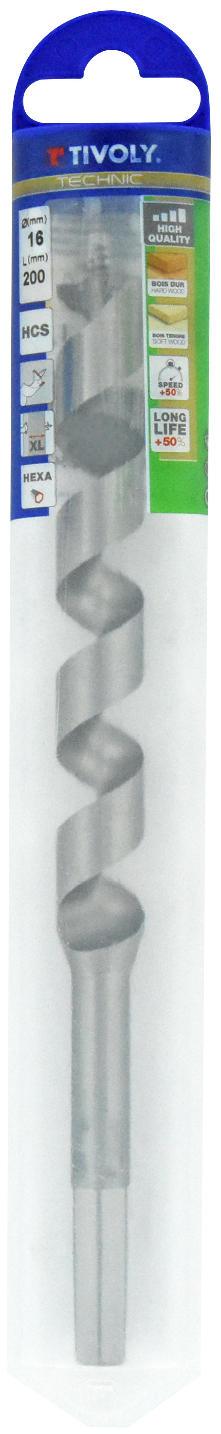 Foret bois spirale unique - Queue hexagonale (Etui plastique) / L: 200 Ø: 16 TIVOLY - 10800141600