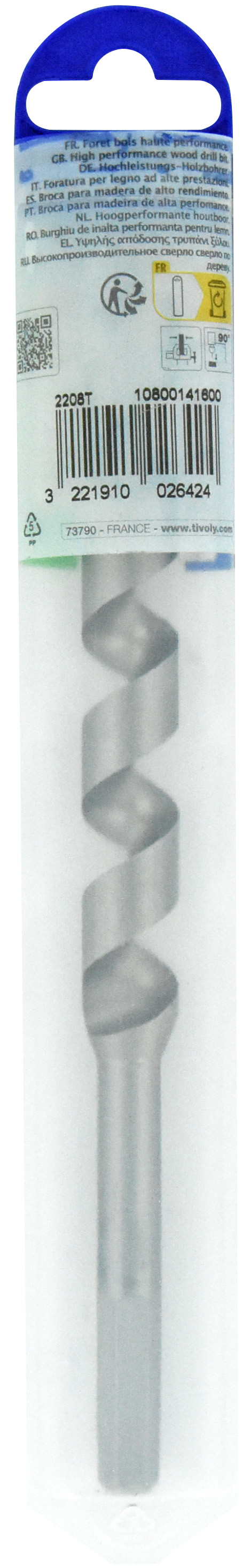 Foret bois spirale unique - Queue hexagonale (Etui plastique) / L: 200 Ø: 16 TIVOLY - 10800141600