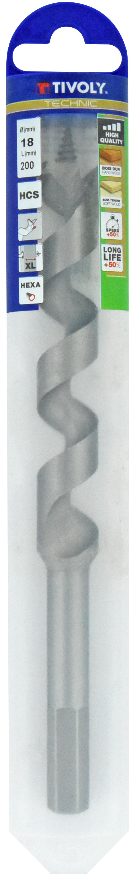Foret bois spirale unique - Queue hexagonale (Etui plastique) / L: 200 Ø: 18 TIVOLY - 10800141800