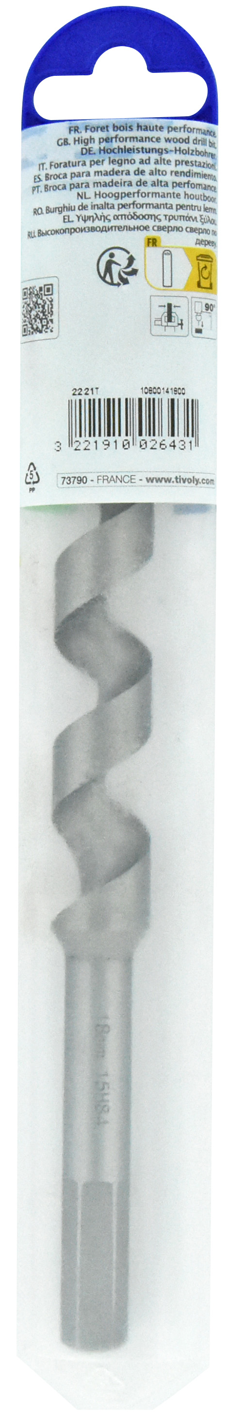 Foret bois spirale unique - Queue hexagonale (Etui plastique) / L: 200 Ø: 18 TIVOLY - 10800141800