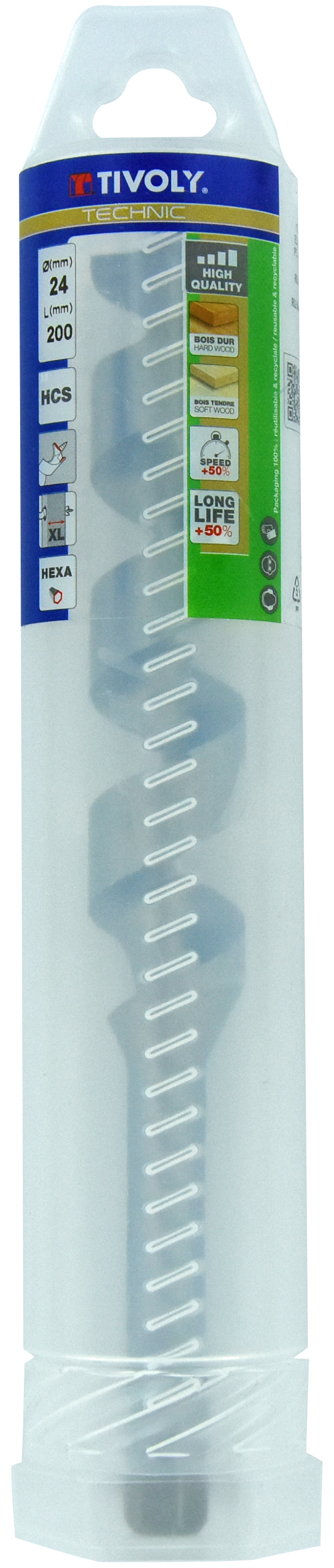 Foret bois spirale unique - Queue hexagonale (Etui plastique) / L: 200 Ø: 24 TIVOLY - 10800142400