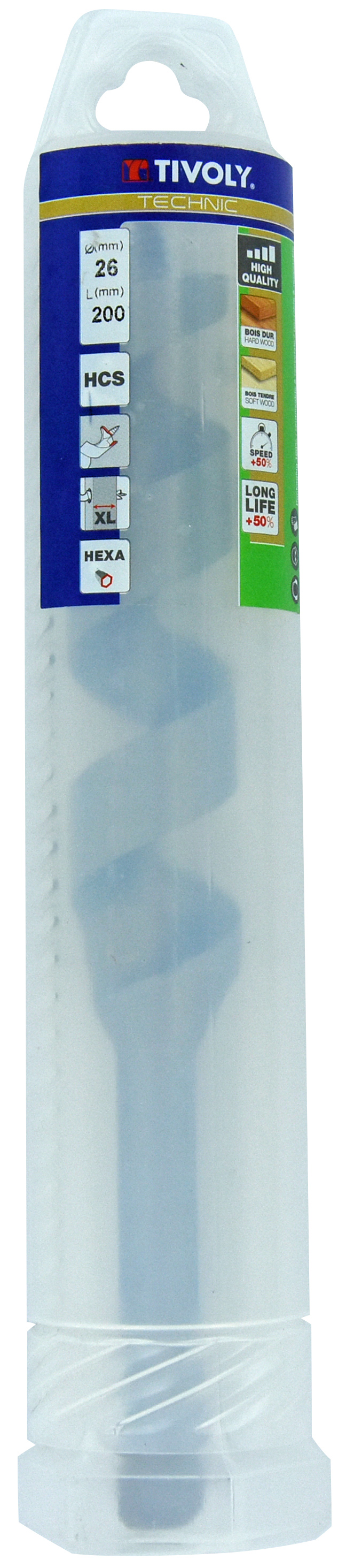 Foret bois spirale unique - Queue hexagonale (Etui plastique) / L: 200 Ø: 26 TIVOLY - 10800142600