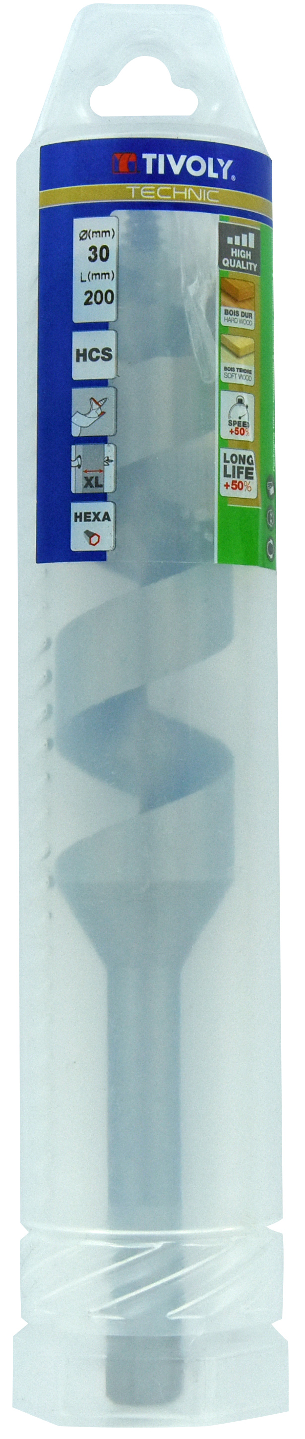 Foret bois spirale unique - Queue hexagonale (Etui plastique) / L: 200 Ø: 30 TIVOLY - 10800143000