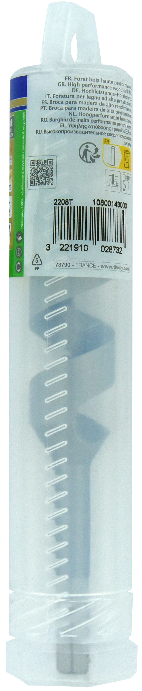 Foret bois spirale unique - Queue hexagonale (Etui plastique) / L: 200 Ø: 30 TIVOLY - 10800143000