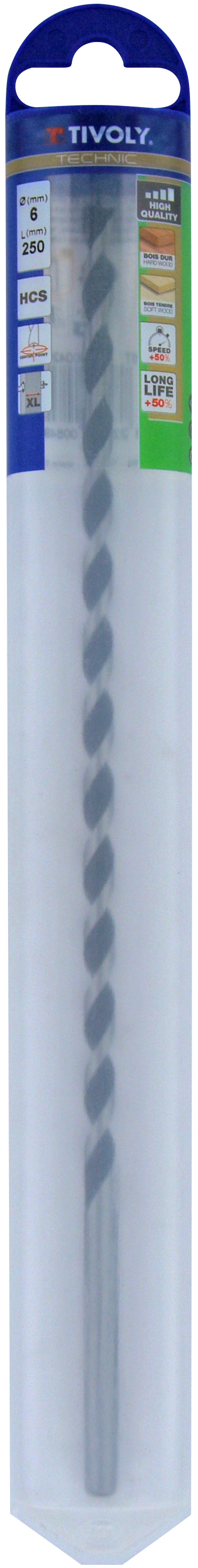 Foret bois 3 pointes L250mm -Queue cylindrique (Blister) / L: 250 Ø: 6 TIVOLY - 10800420600