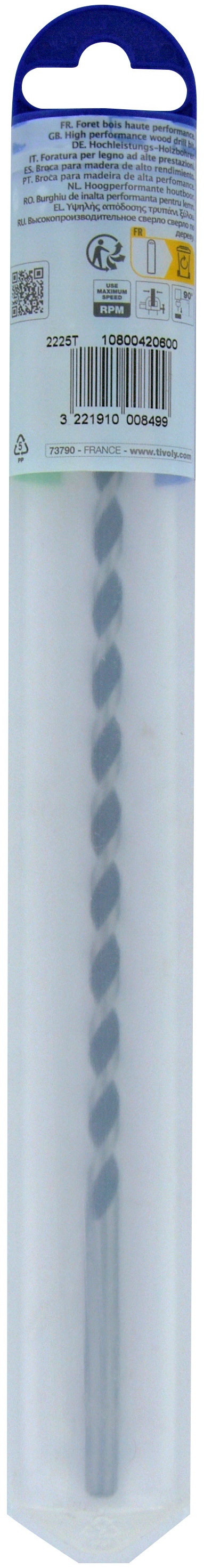 Foret bois 3 pointes L250mm -Queue cylindrique (Blister) / L: 250 Ø: 6 TIVOLY - 10800420600