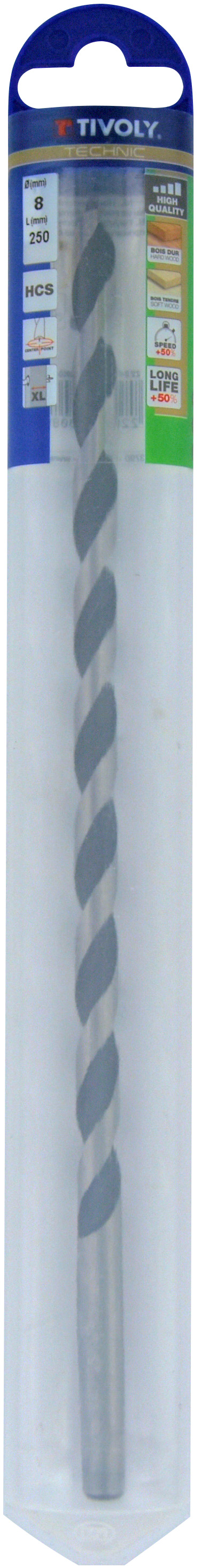 Foret bois 3 pointes L250mm -Queue cylindrique (Blister) / L: 250 Ø: 8 TIVOLY - 10800420800