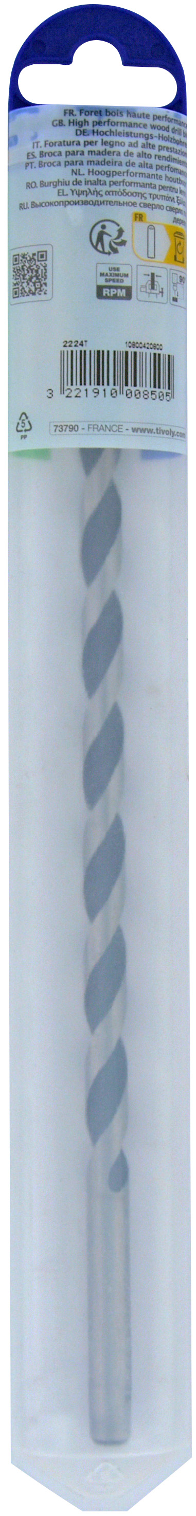 Foret bois 3 pointes L250mm -Queue cylindrique (Blister) / L: 250 Ø: 8 TIVOLY - 10800420800