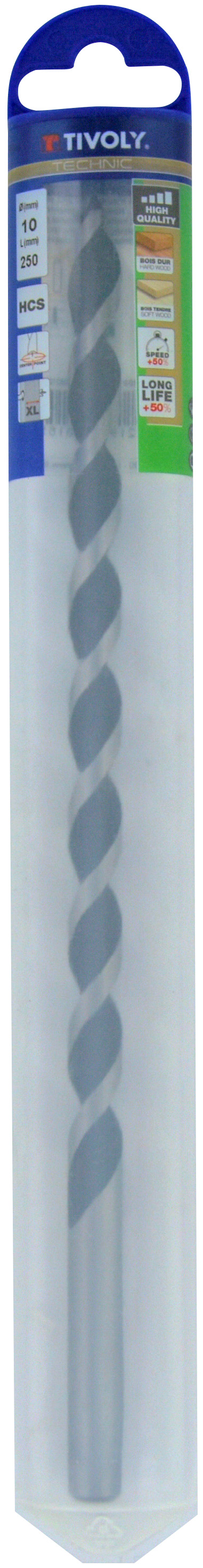 Foret bois 3 pointes L250mm -Queue cylindrique (Blister) / L: 250 Ø: 10 TIVOLY - 10800521000