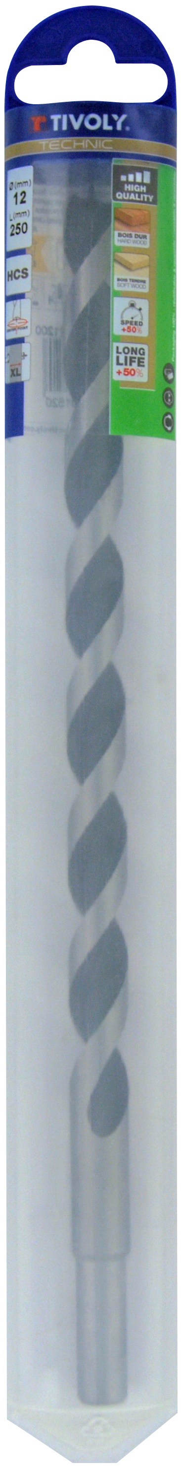 Foret bois 3 pointes L250mm -Queue cylindrique (Blister) / L: 250 Ø: 12 TIVOLY - 10800521200