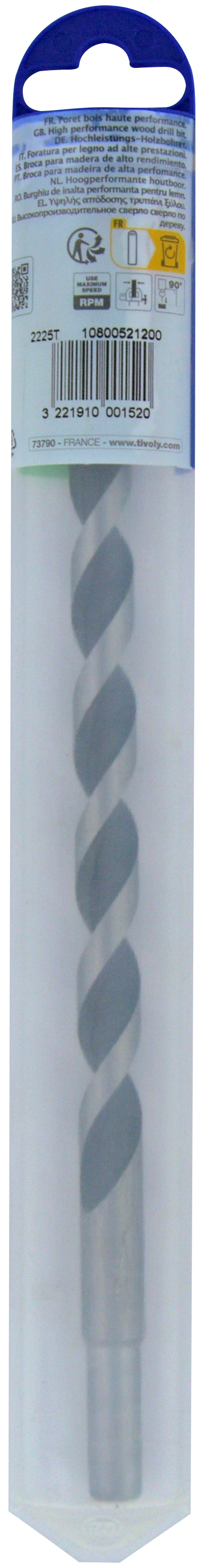 Foret bois 3 pointes L250mm -Queue cylindrique (Blister) / L: 250 Ø: 12 TIVOLY - 10800521200